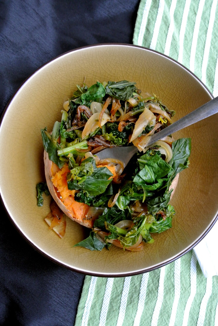 Baked sweet potato with greens