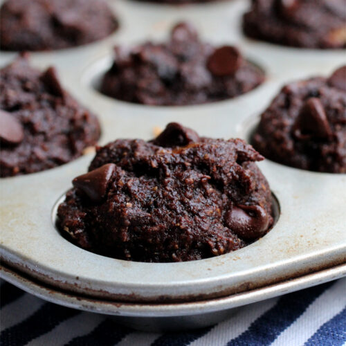 A close up on a chocolate chip muffin in a mini muffin tin.