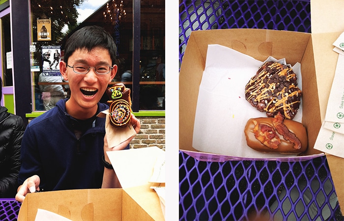 My brother is on the left with the voodoo doll doughnut. We also got the bacon maple bar and memphis mafia (a fritter with banana, cinnamon and cinnamon, chocolate frosting, peanut butter, peanuts and chocolate chips).