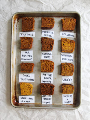 12 slices of pumpkin bread with labels on a baking sheet