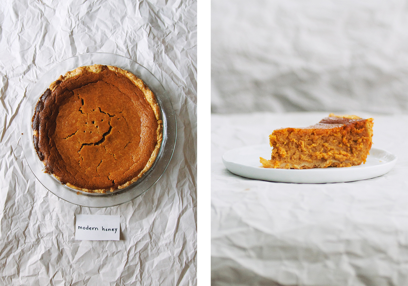 From left to right: Overhead view and sideview of Modern Honey's pumpkin pie recipe