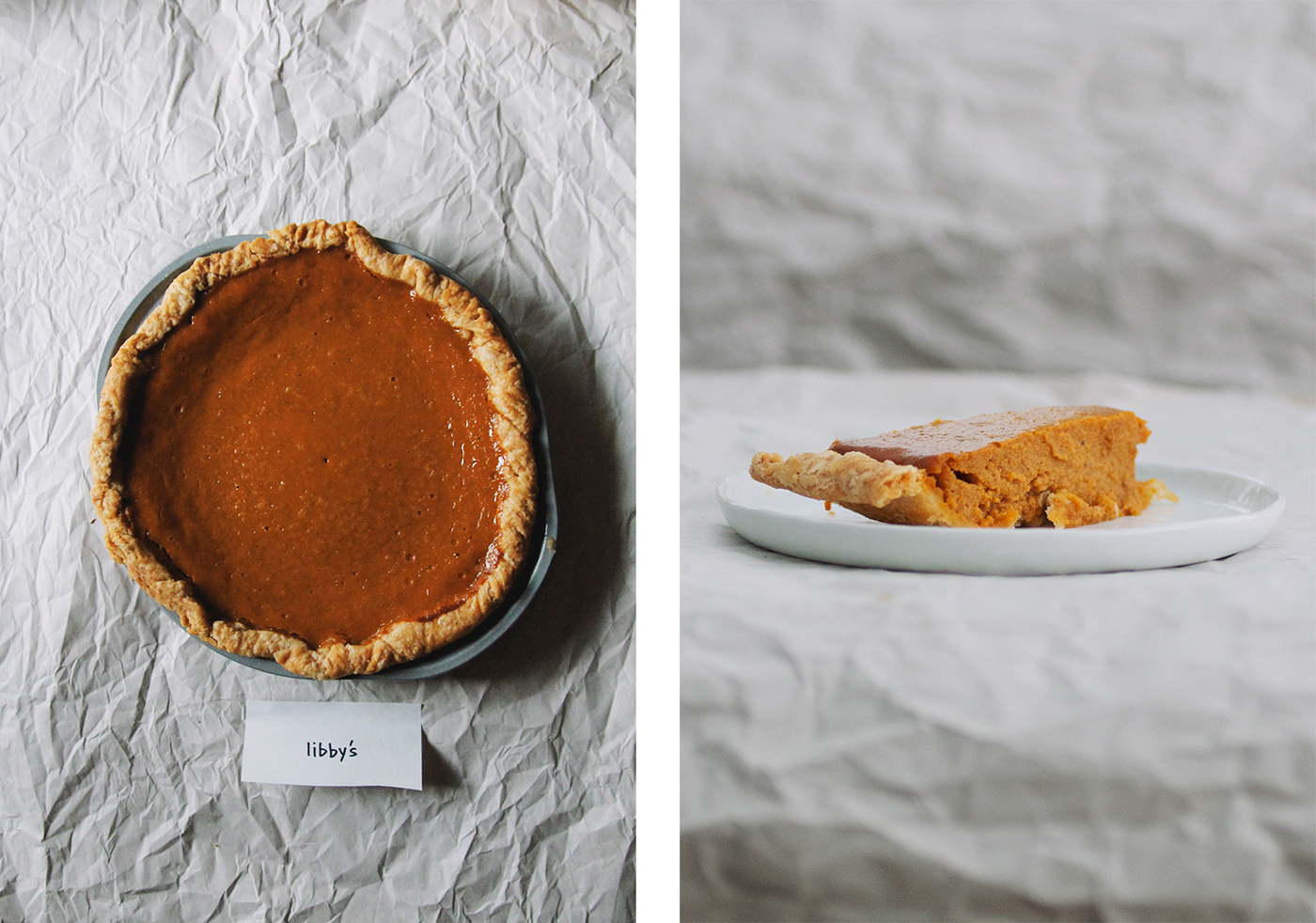 From left to right: Overhead view and sideview of Libby's pumpkin pie recipe