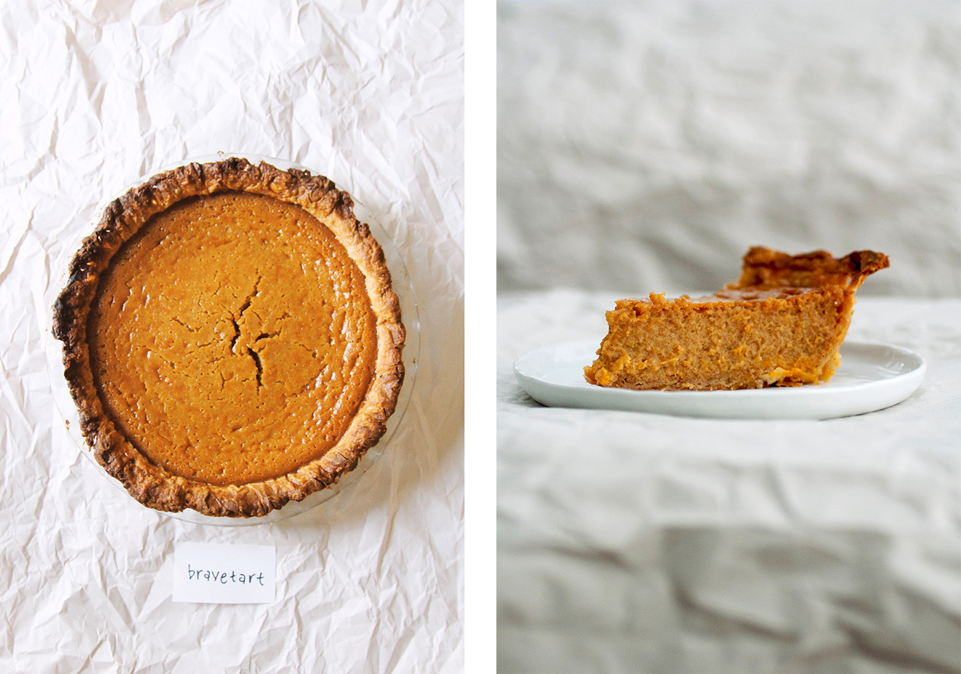 From left to right: Overhead view and sideview of Bravetarts's pumpkin pie recipe
