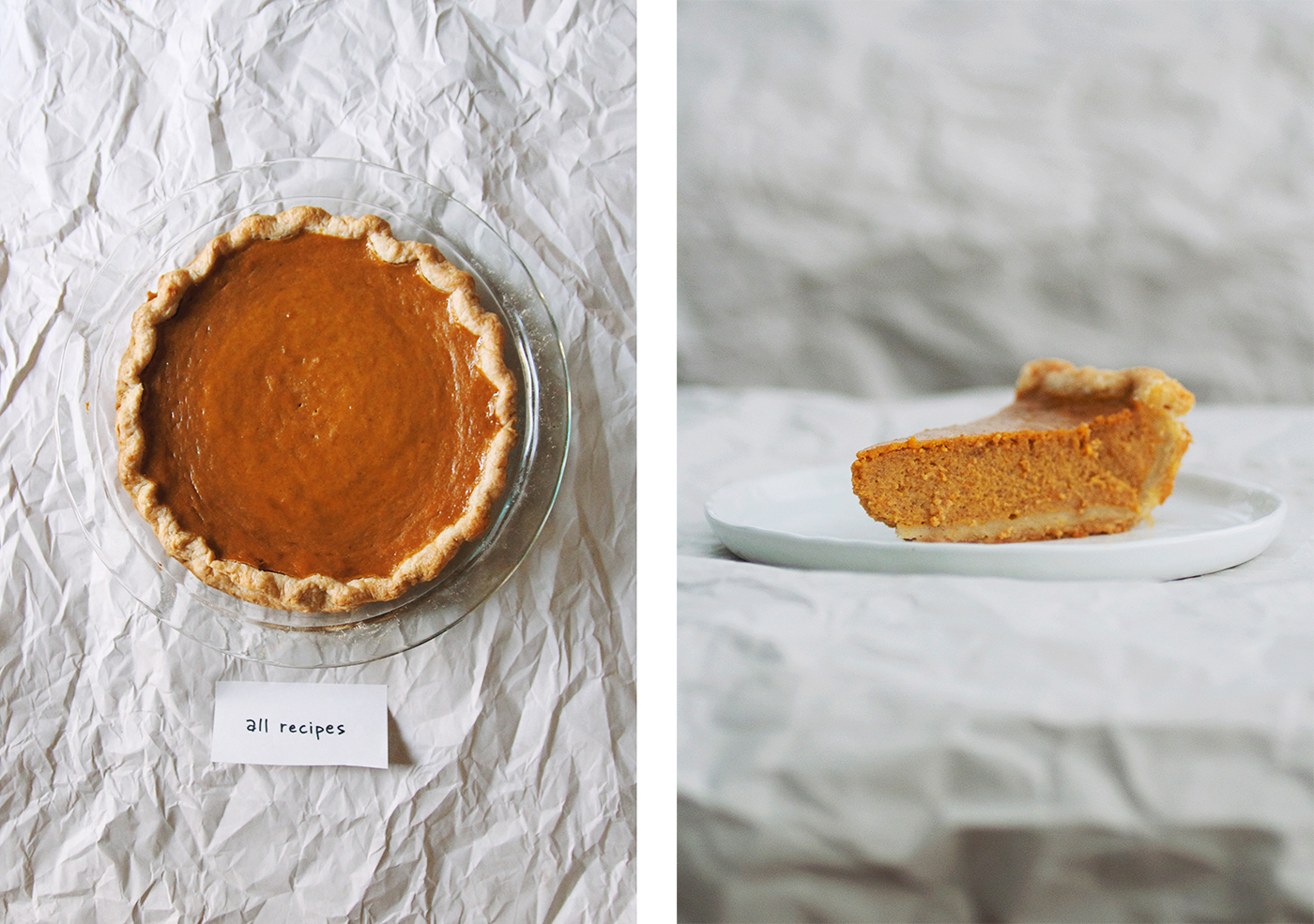 From left to right: Overhead view and sideview of All Recipes pumpkin pie recipe