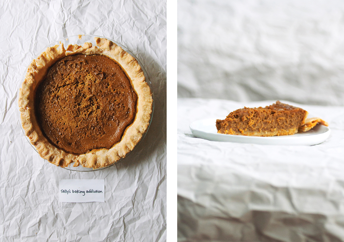 From left to right: Overhead view and sideview of Sally's Baking Addiction pumpkin pie recipe