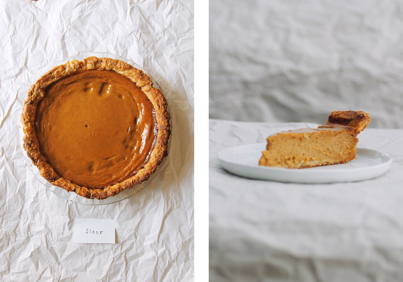 From left to right: Overhead view and sideview of Flour Bakery's pumpkin pie recipe