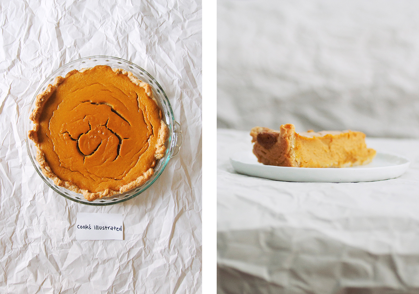 From left to right: Overhead view and sideview of Cook's Illustrated pumpkin pie recipe