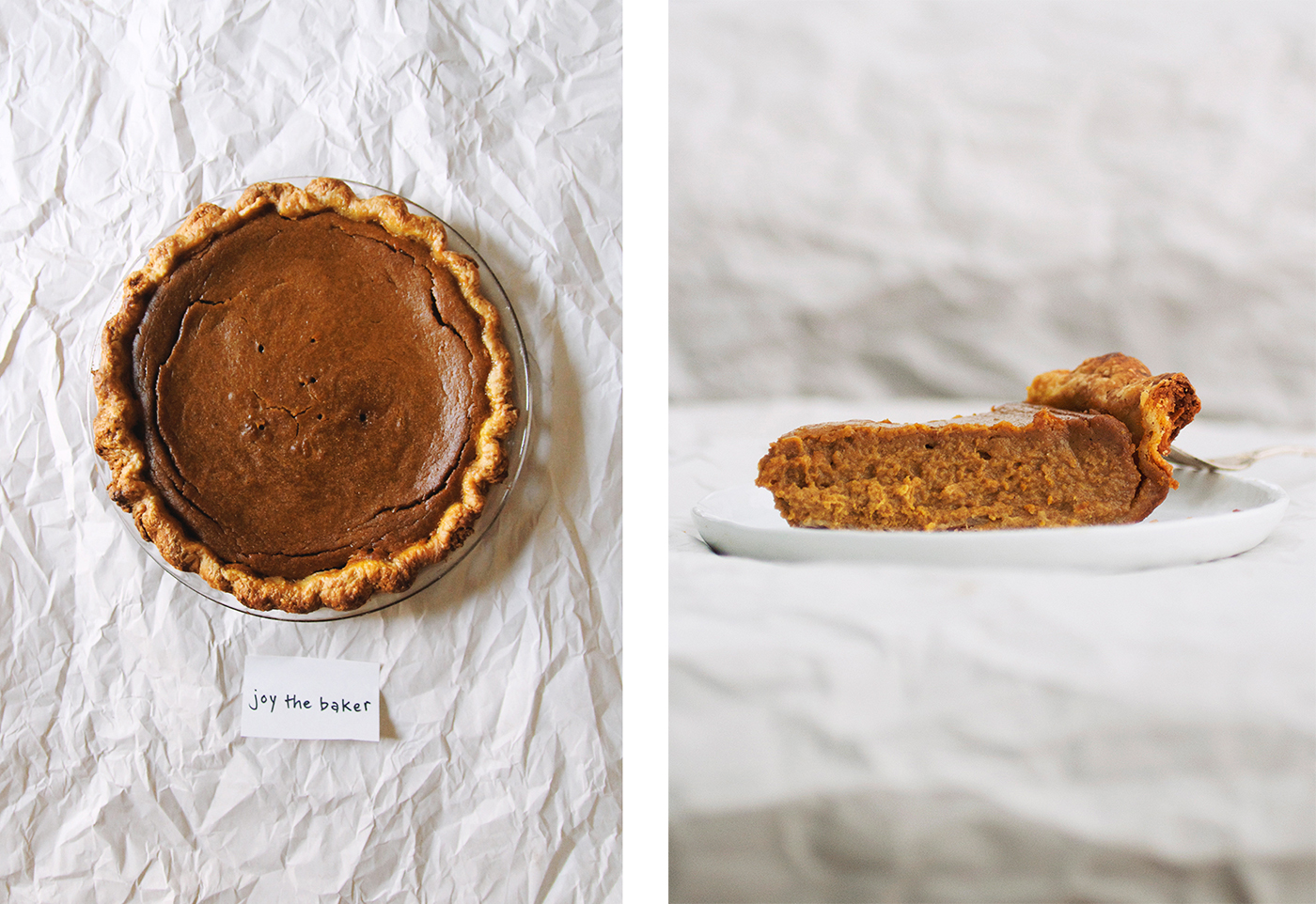 From left to right: Overhead view and sideview of Joy the Baker's pumpkin pie recipe