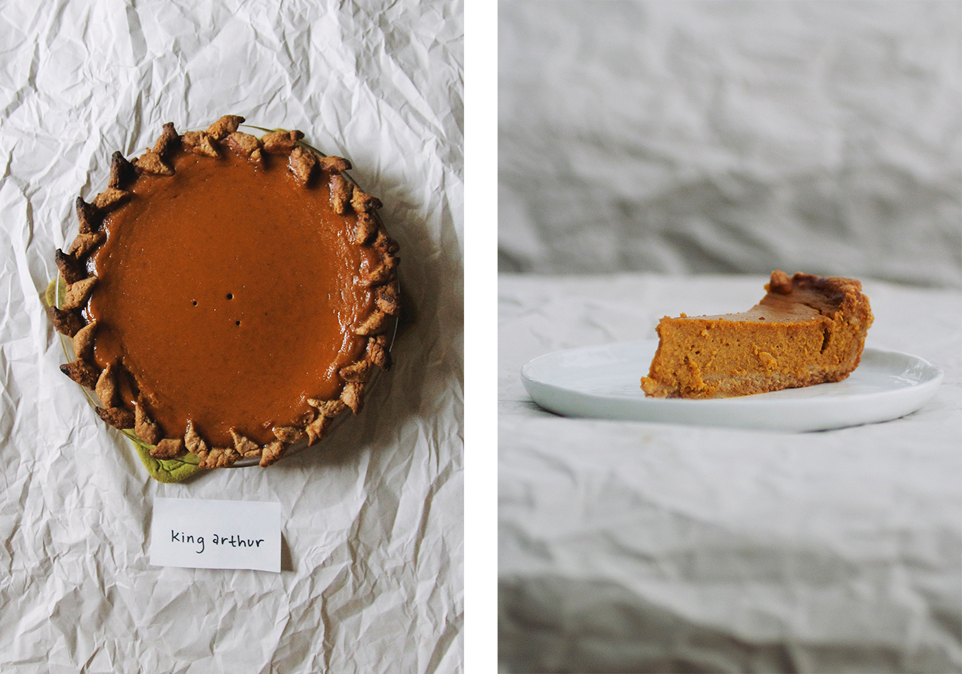From left to right: Overhead view and sideview of King Arthur Flour's pumpkin pie recipe