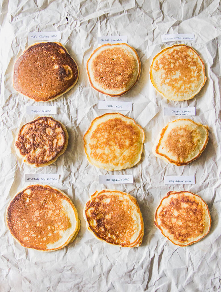9 pancakes on a gray background with individual labels.