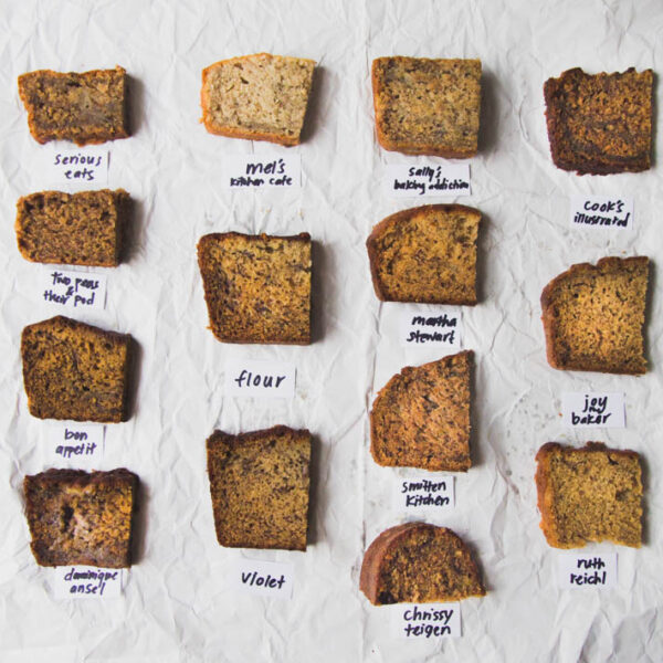 Slices of banana bread next to names of recipe makers