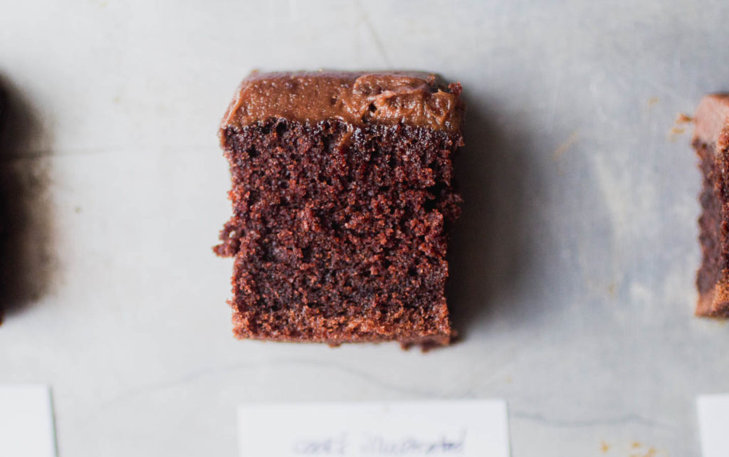 Cook\'s Illustrated chocolate cake with chocolate frosting.