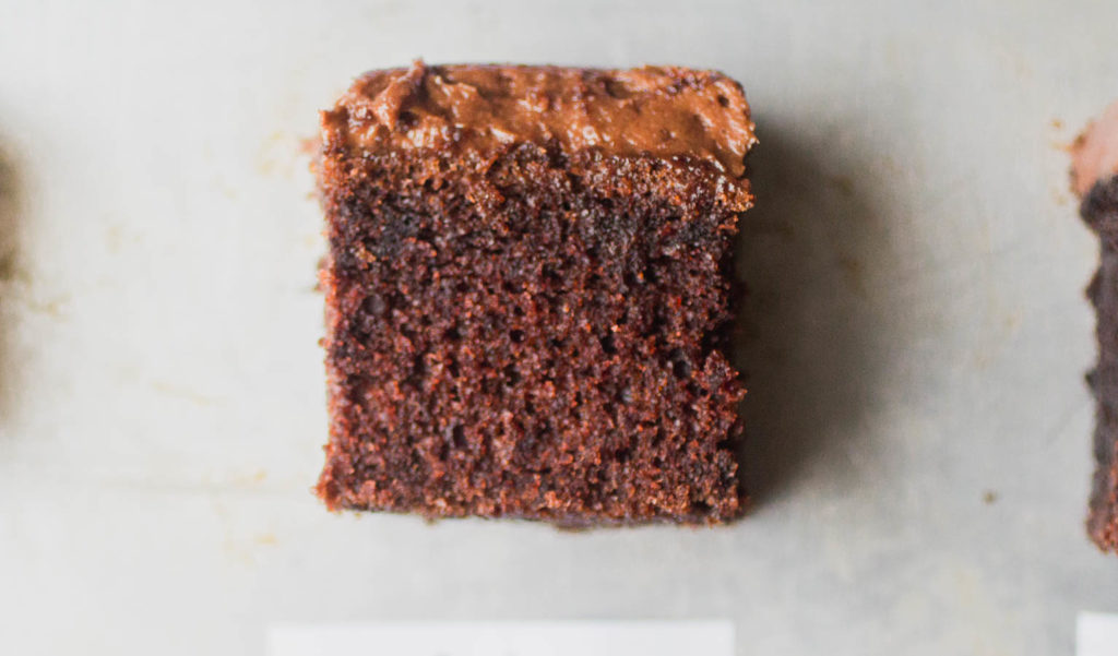 Food52 chocolate cake with chocolate frosting.