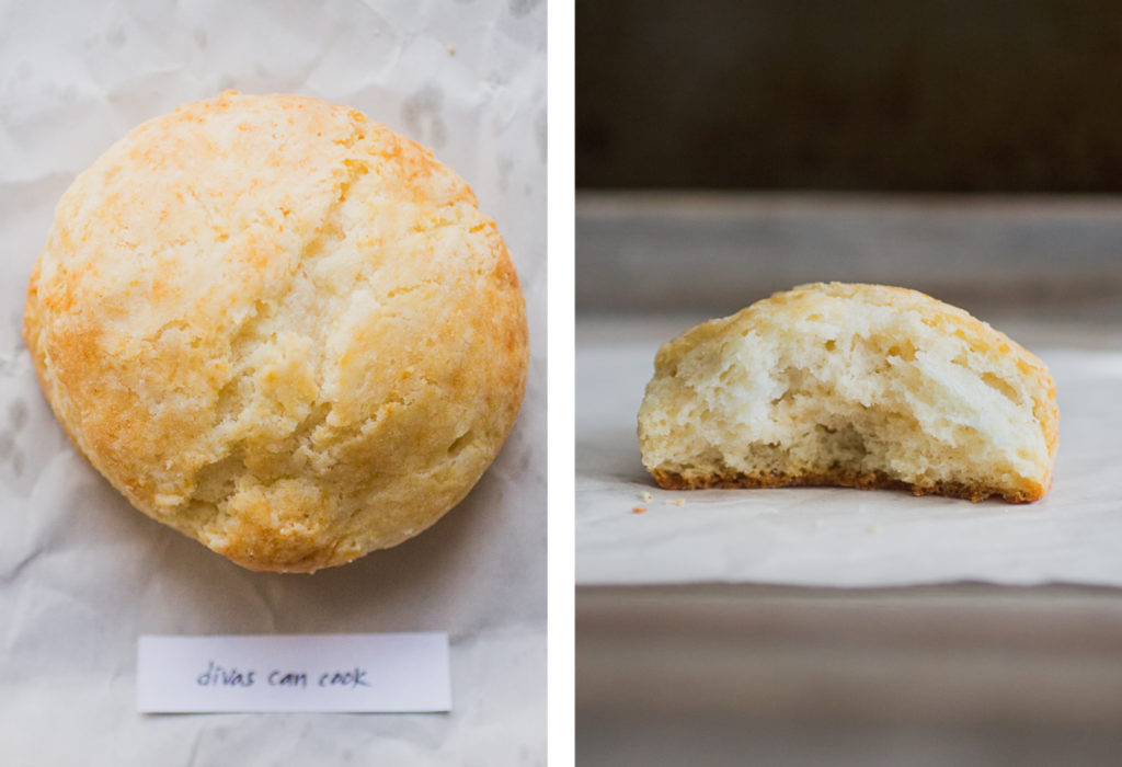 Overhead view and cross section of divas can cook biscuit recipe on white parchment