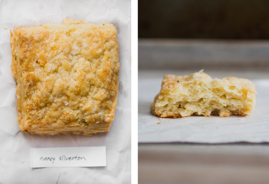 Overhead view and cross section of Nancy Silverton biscuit recipe for best biscuit recipe bake off