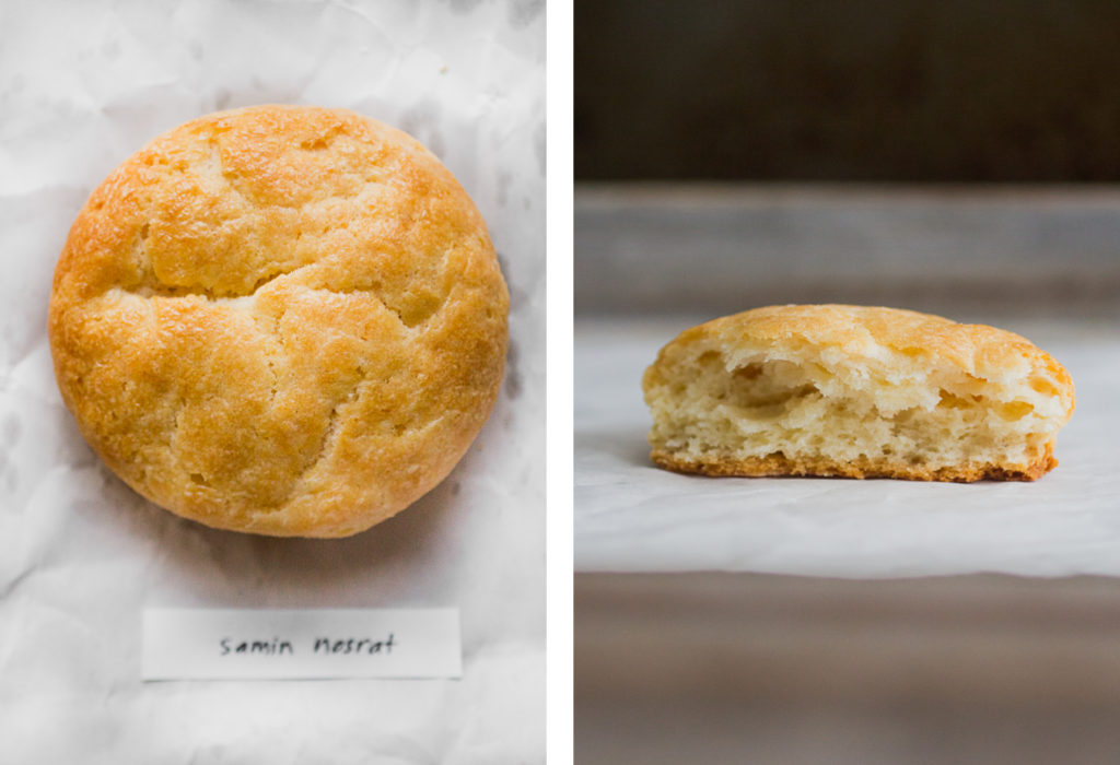 Overhead view and cross section of samin nosrat biscuit recipe on white parchment paper