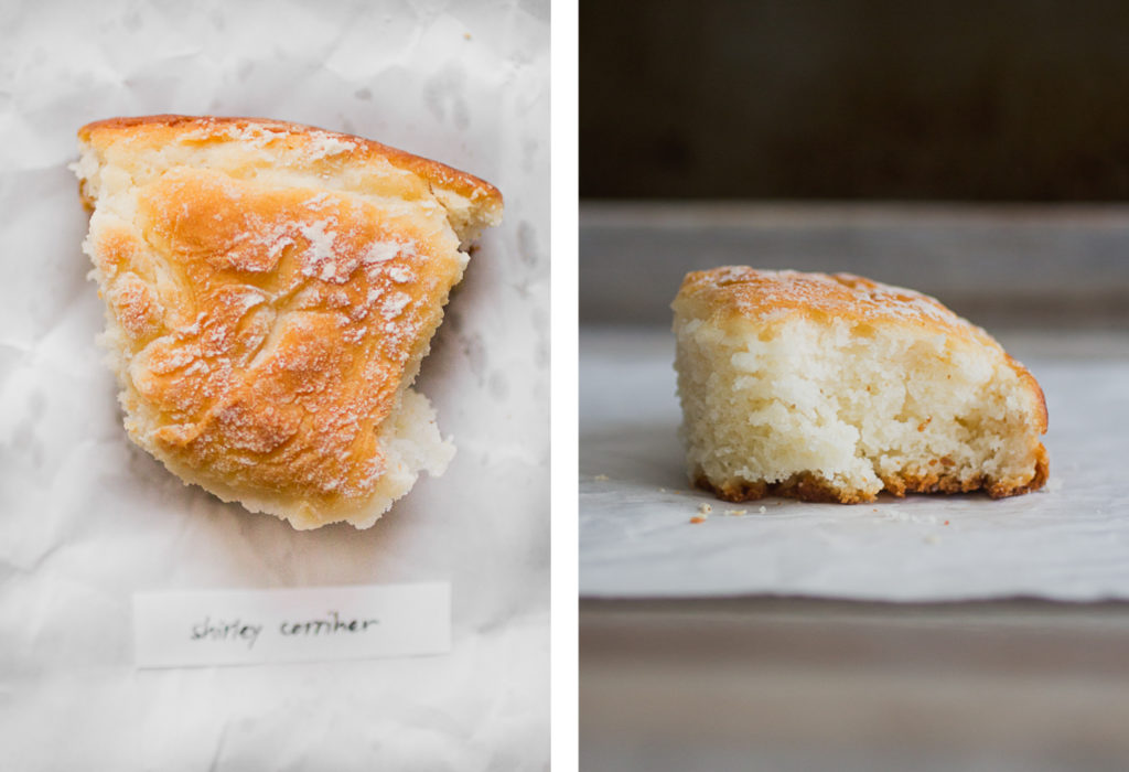Overhead view and cross section of Shirley Corriher's biscuit recipe on white parchment