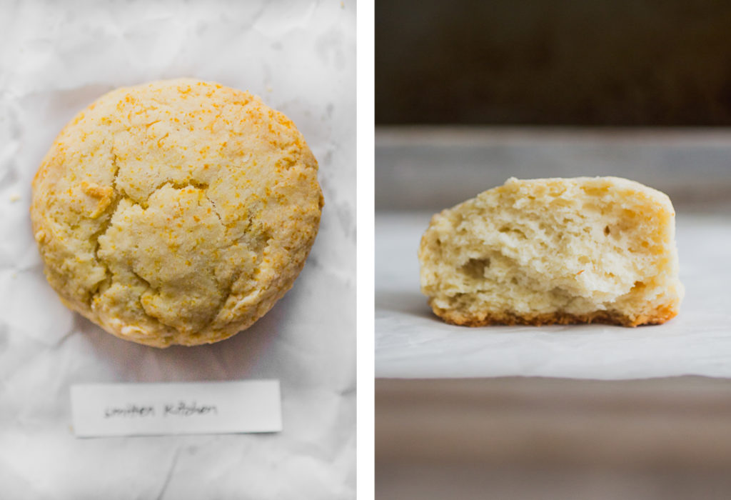 Overhead view and cross section of smitten kitchen's biscuit recipe on white parchment