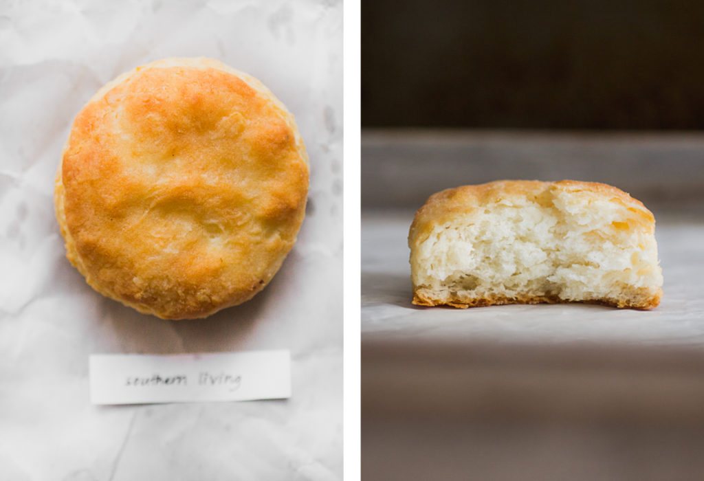 Overhead view and cross section of southern living's biscuit recipe on white parchment paper