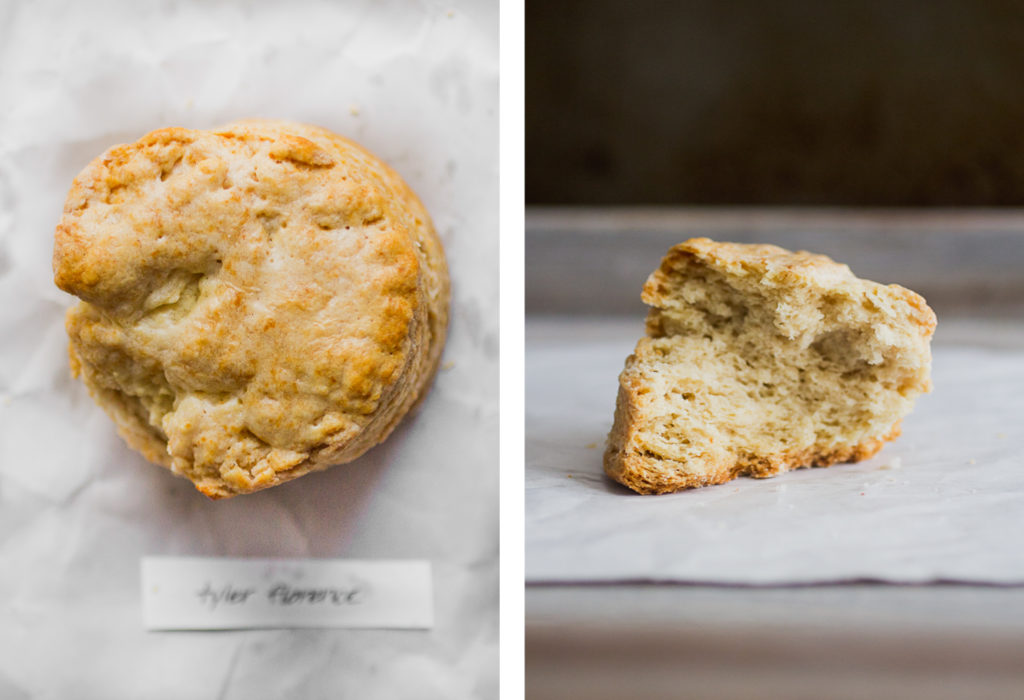Overhead view and cross section of Tyler Florence's biscuit recipe on white parchment