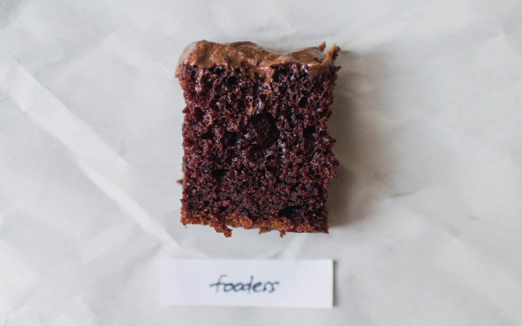 Foodess chocolate cake with chocolate frosting.