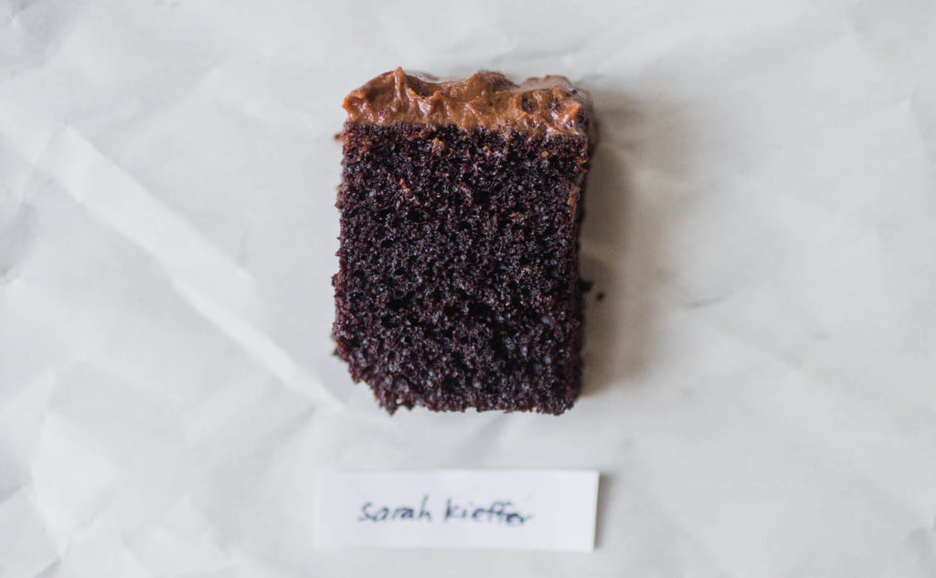 Sarah Kieffer chocolate cake with chocolate frosting.