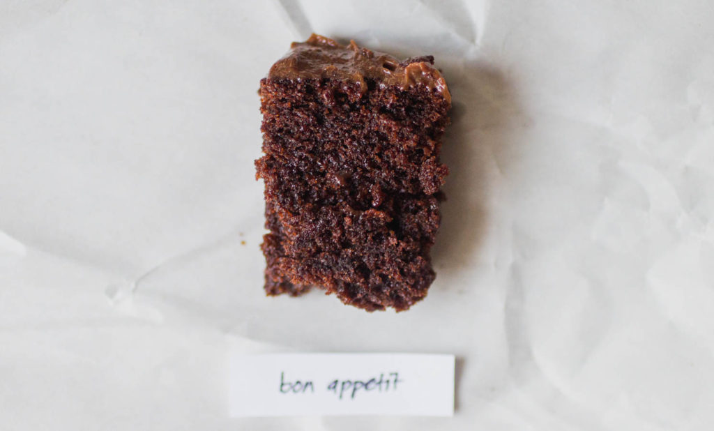 Bon Appetit chocolate cake with chocolate frosting.