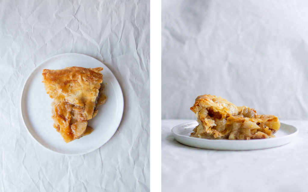 overhead view and side view of slices of bravetart stella parks apple pie recipe