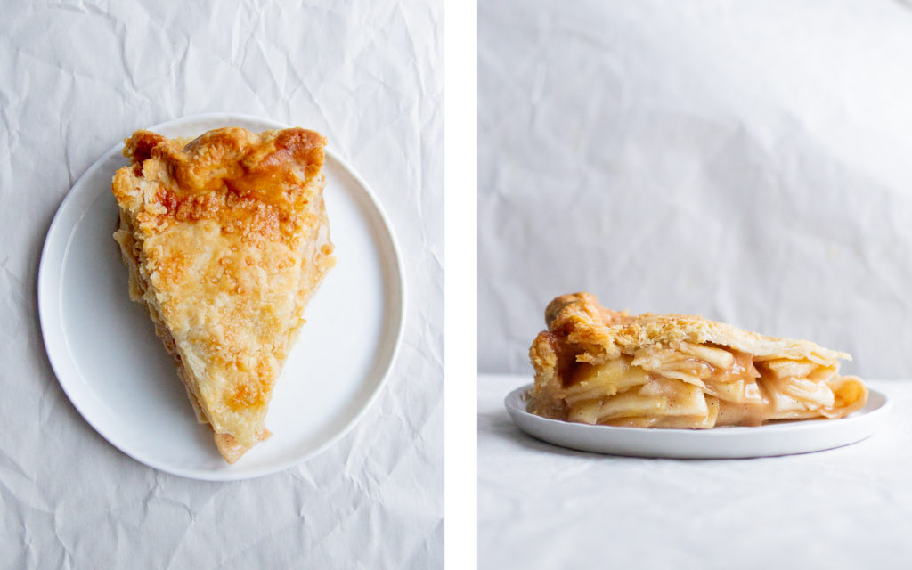 overhead view and side view of slices of cooks illustrated apple pie recipe