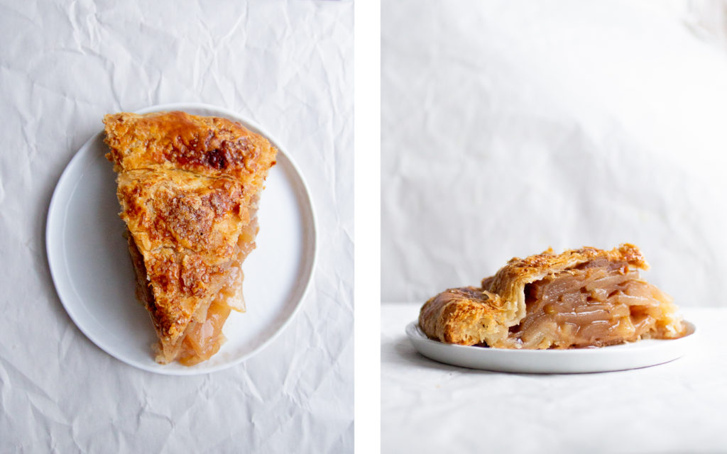 overhead view and side view of slices of artful baker apple pie recipe