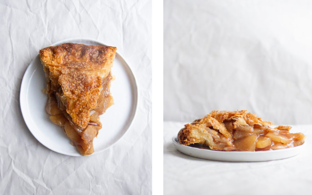 overhead view and side view of slices of Bon Appetit best apple pie recipe