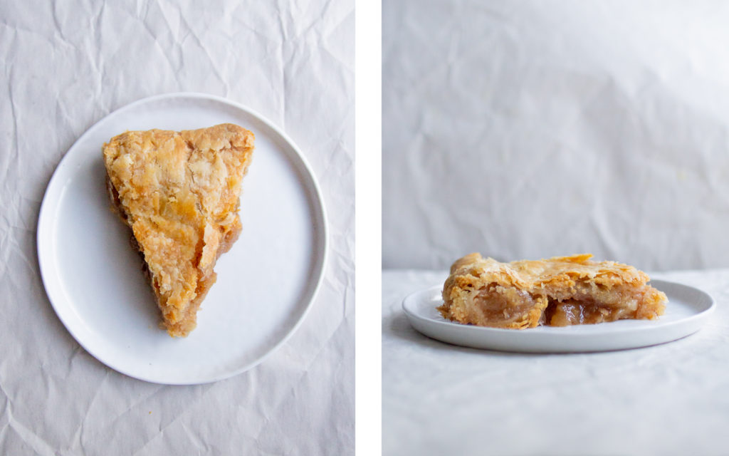 overhead view and side view of slices of Rose Levy Beranbaum apple pie recipe