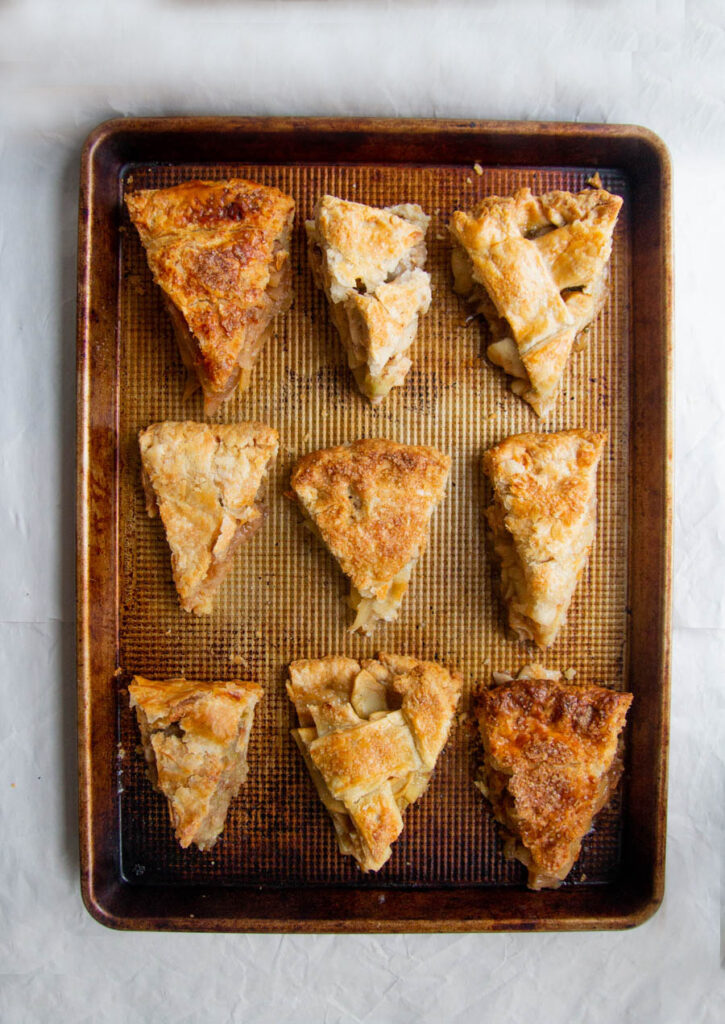 9 slices of apple pie on baking tray for best apple pie bake off