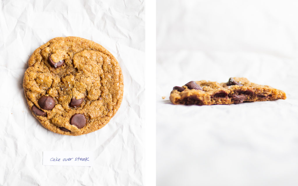 cake over steak vegan chocolate chip cookie