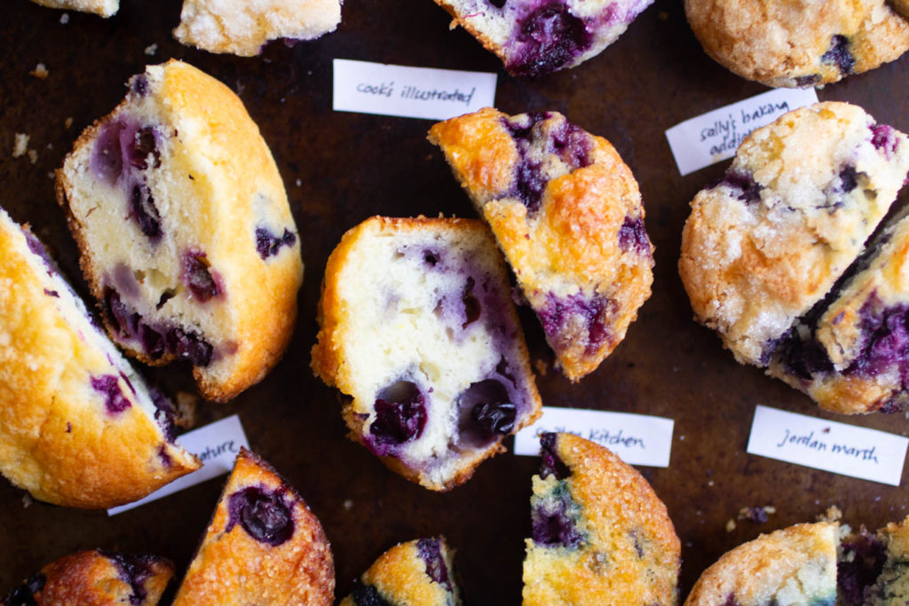 Overhead view of blueberry muffins cut in half