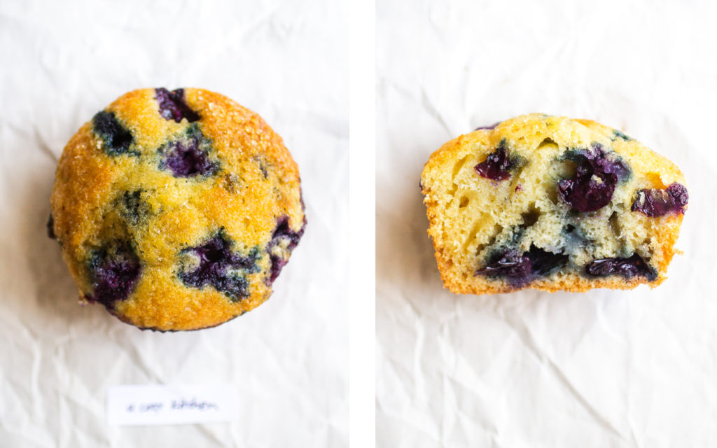 a cozy kitchen blueberry muffin overhead view and cross section