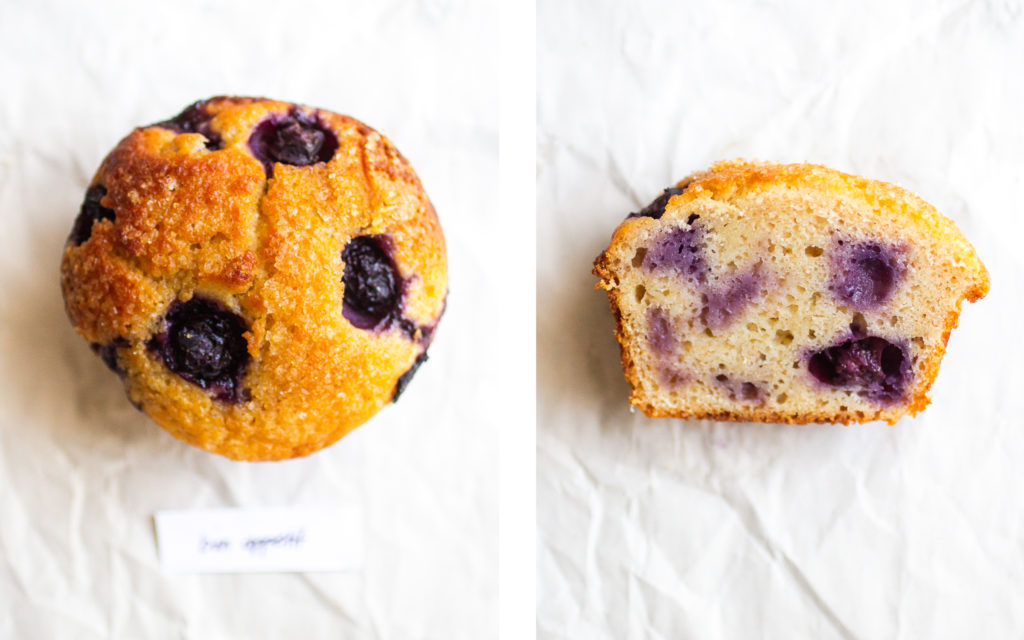 bon appetit blueberry muffin overhead view and cross section