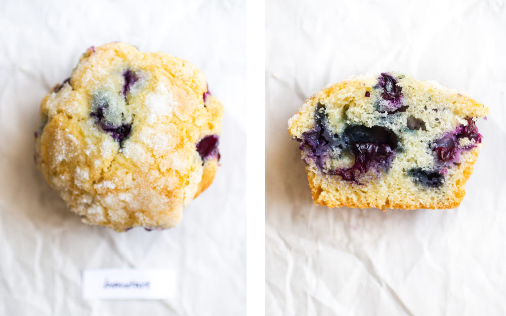 bravetart blueberry muffin overhead view and cross section