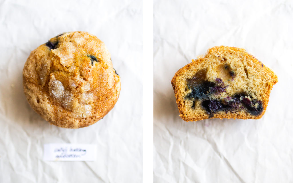 sally's baking addiction blueberry muffin overhead view and cross section