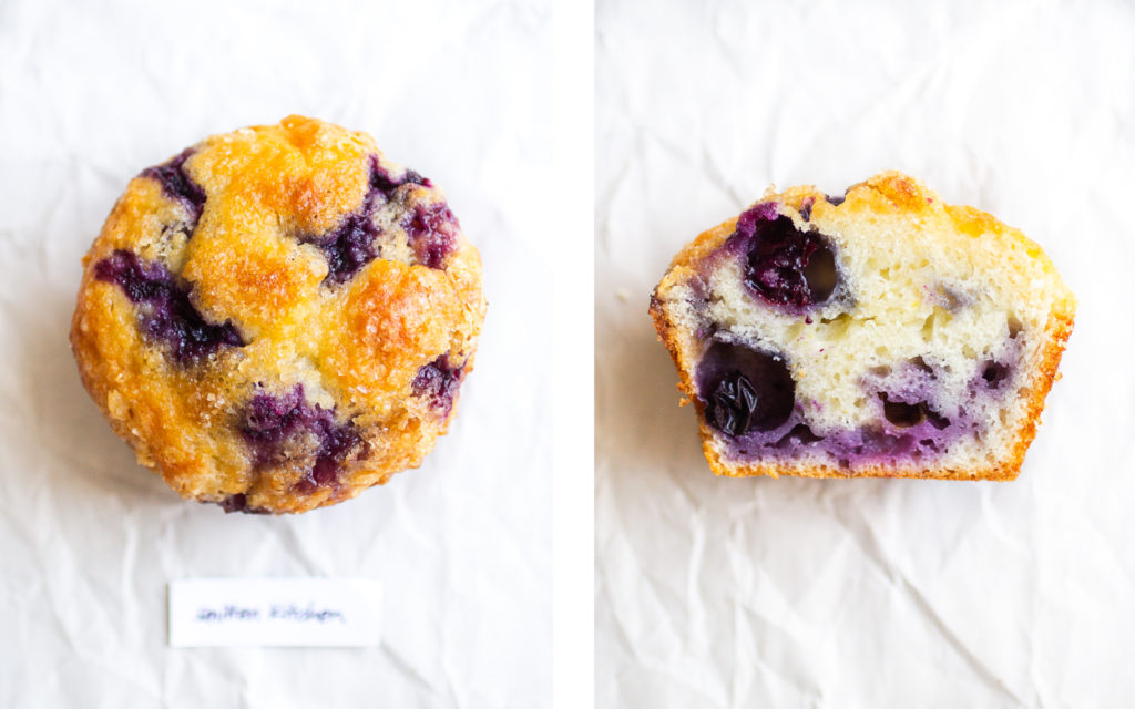 smitten kitchen blueberry muffin overhead view and cross section