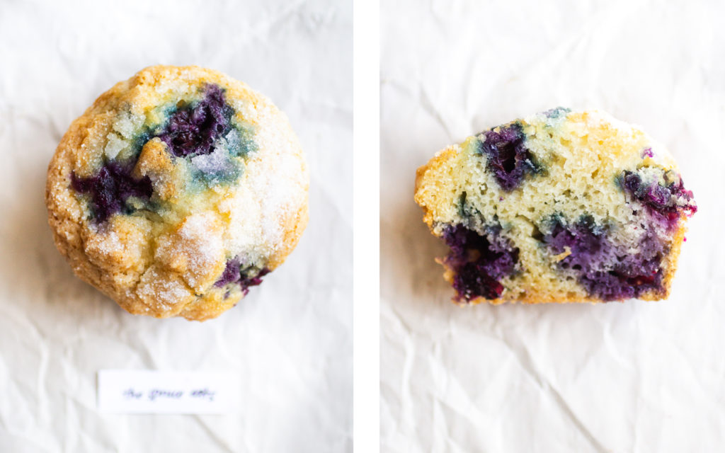 the spruce eats blueberry muffin overhead view and cross section
