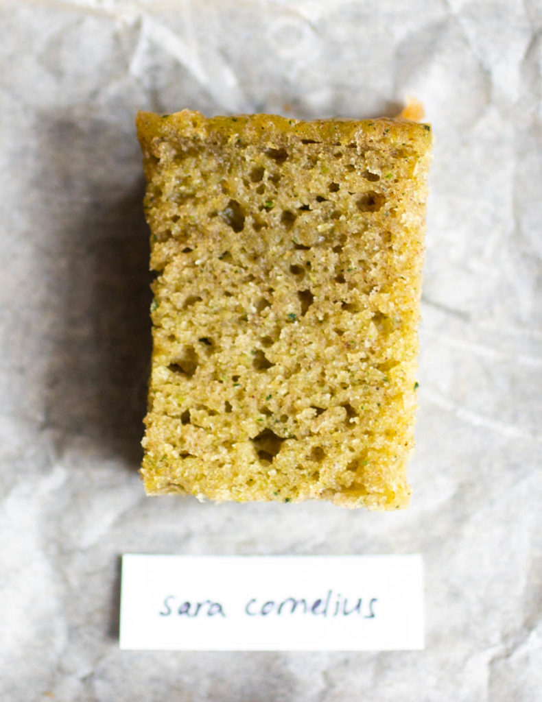 Overhead view of single slice of sara cornelius' zucchini bread recipe