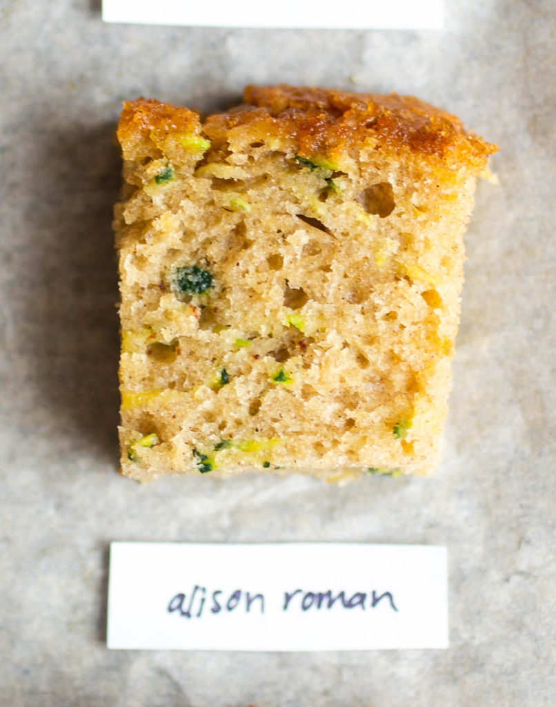 Overhead view of cross section of alison roman's zucchini bread recipe