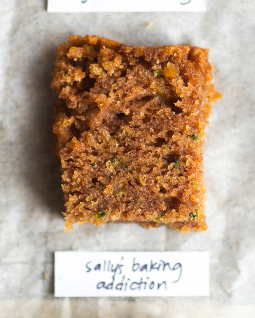 Overhead view of single slice of sally's baking addiction zucchini bread recipe