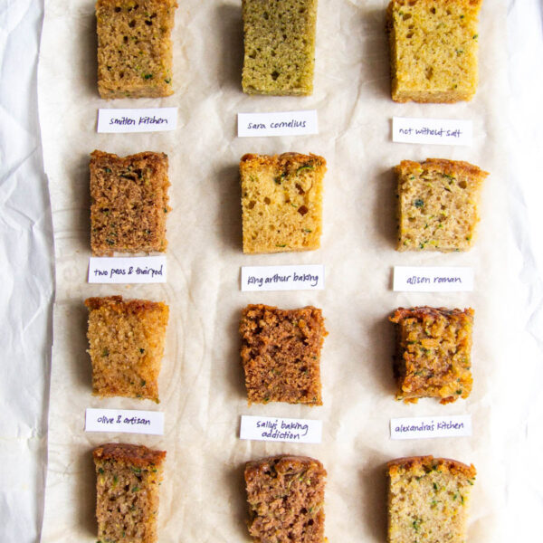 Best Zucchini Bread Bake Off // The Pancake Princess - 12 slices of zucchini bread on white parchment