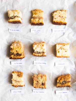 9 squares of coffee cake on a gray background