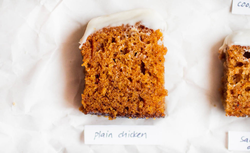 Single slice of plain chicken's carrot cake recipe laying on parchment paper