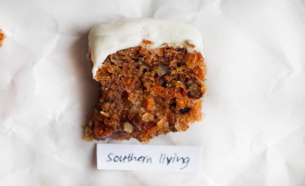 Single slice of southern livings carrot cake recipe on parchment paper