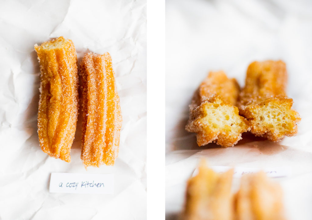 overhead shot of a churro next to a shot of the interior of a churro cut in half