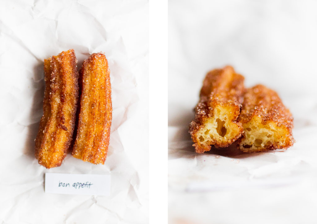 overhead shot of a churro cut in half next to a horizontal shot of the churro's interior